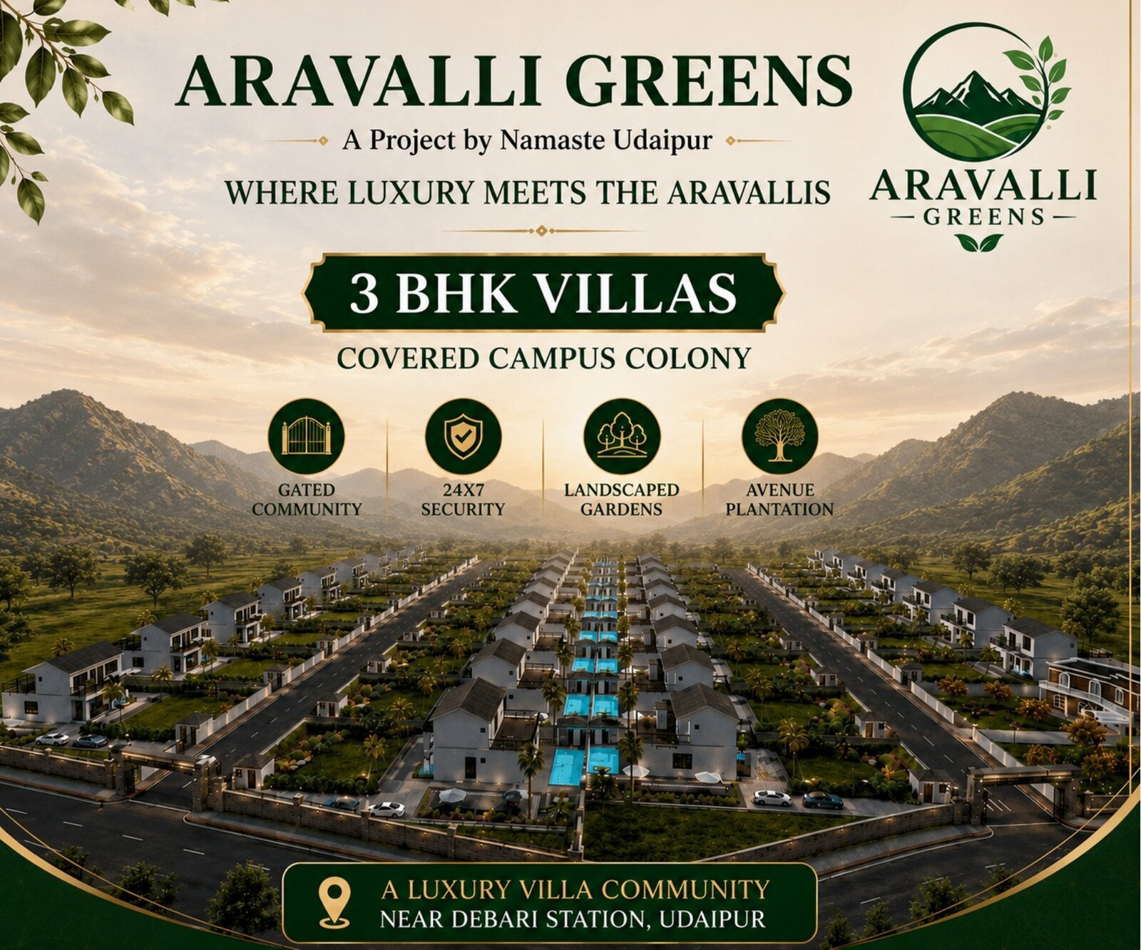 Aravalli Greens project cover — a luxury villa community near Debari station, Udaipur
