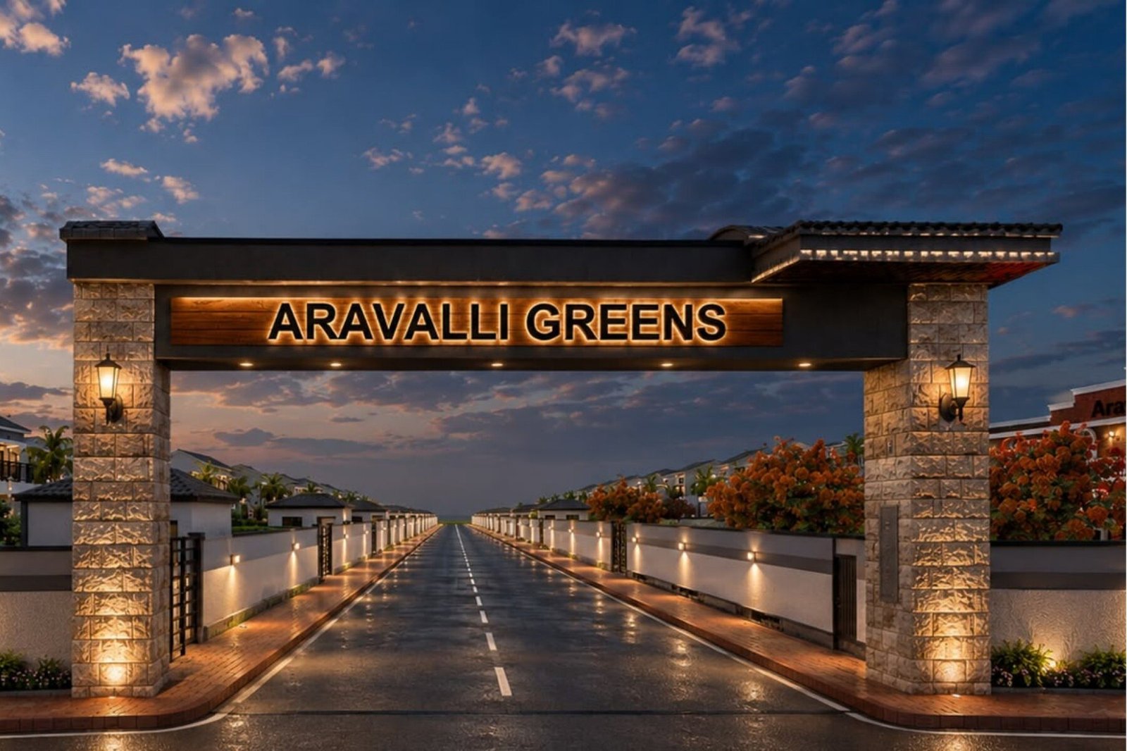Illuminated stone entrance gate of Aravalli Greens villa community, Debari, Udaipur