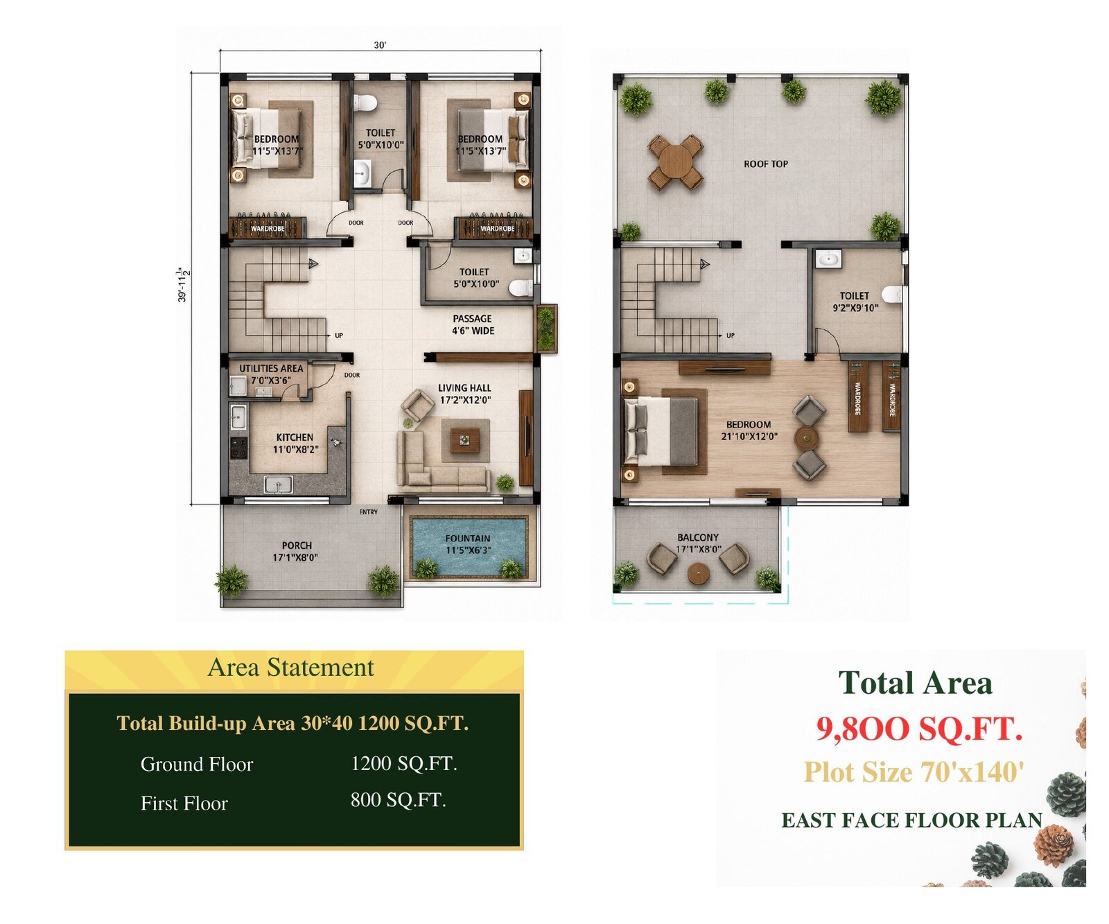 East face floor plan of an Aravalli Greens villa, Udaipur