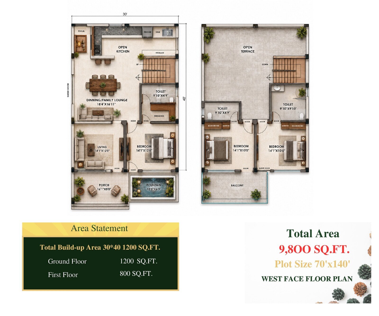 West face floor plan of an Aravalli Greens villa, Udaipur