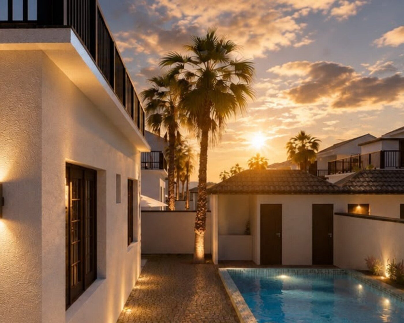 Private pool alongside a villa, lit for the evening — Aravalli Greens, Udaipur