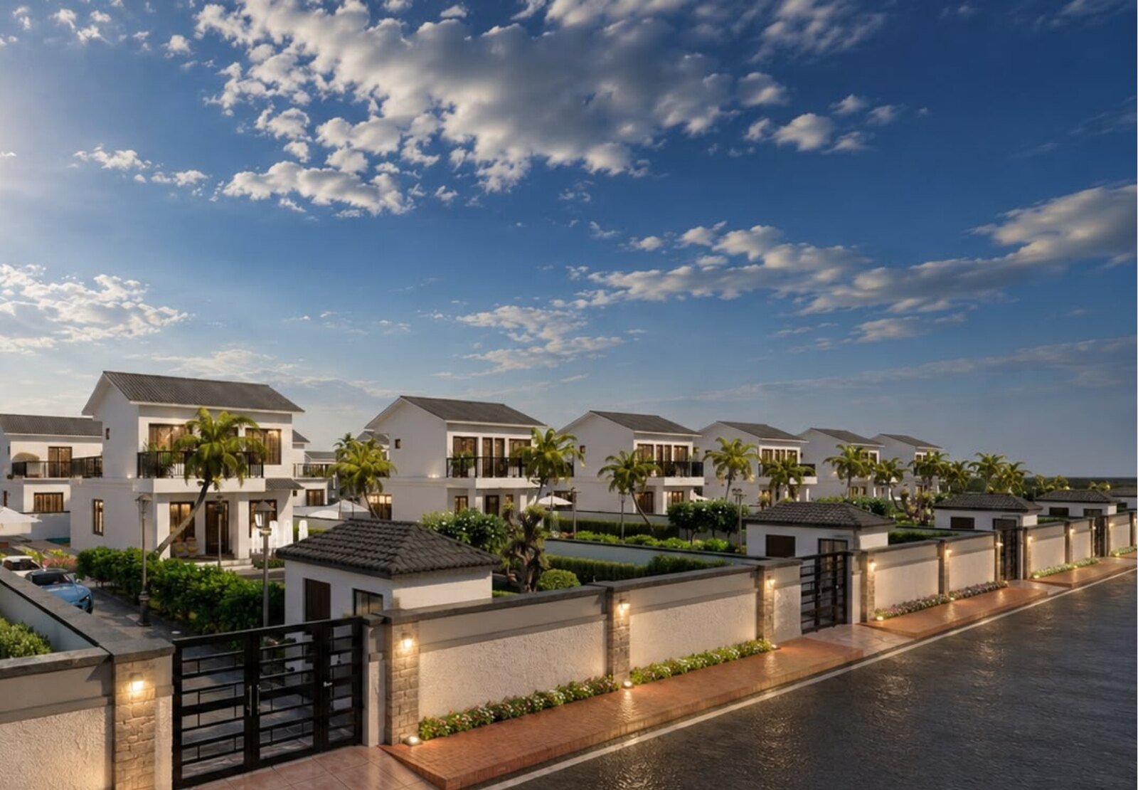 Villas along the internal road under an open sky — Aravalli Greens, Udaipur