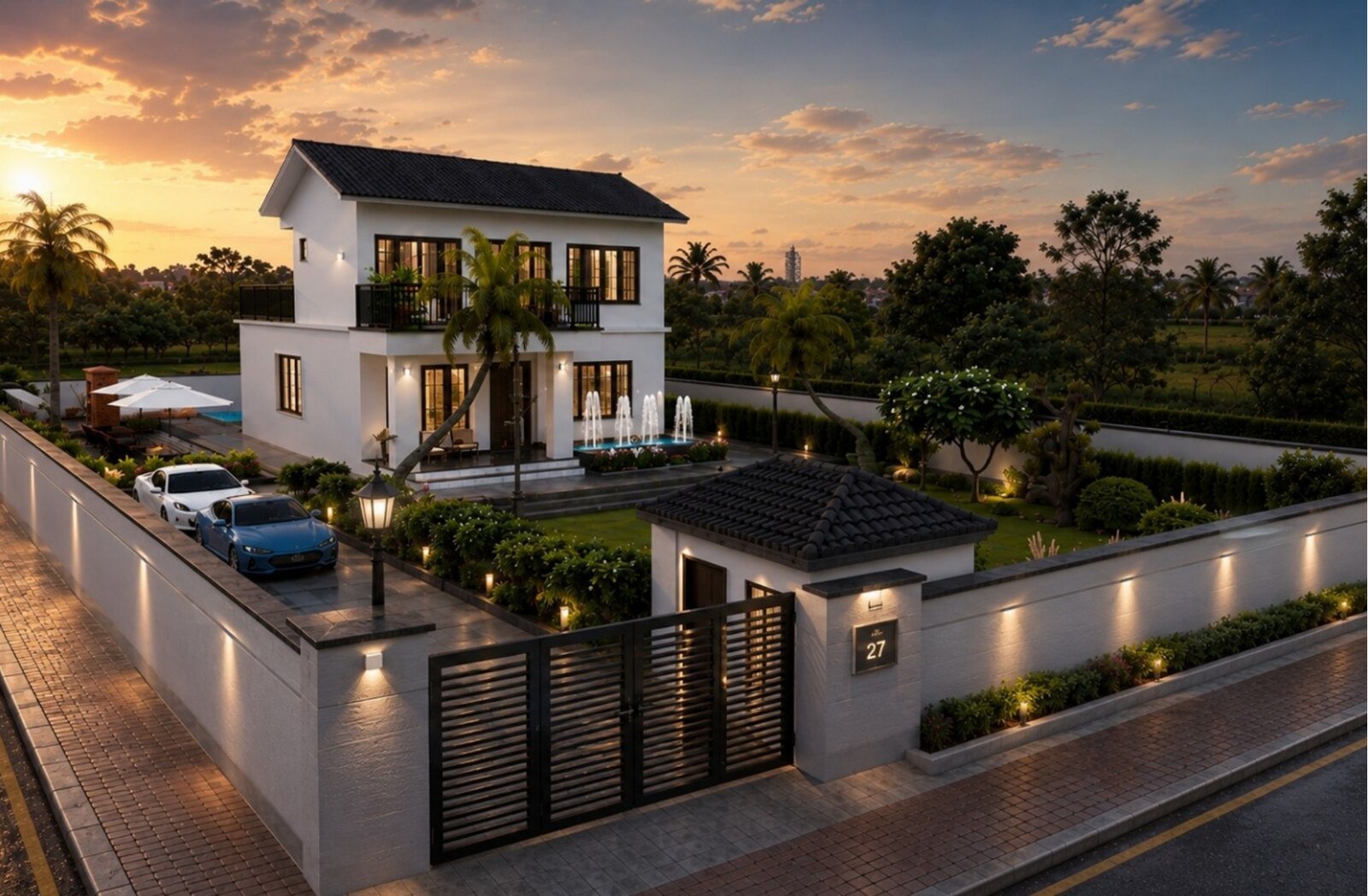West-facing villa elevation at Aravalli Greens with boundary wall and gate
